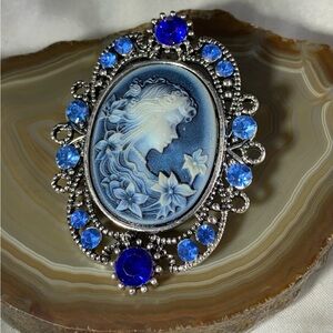Cameo Blue and Silver Rhinestone Brooch